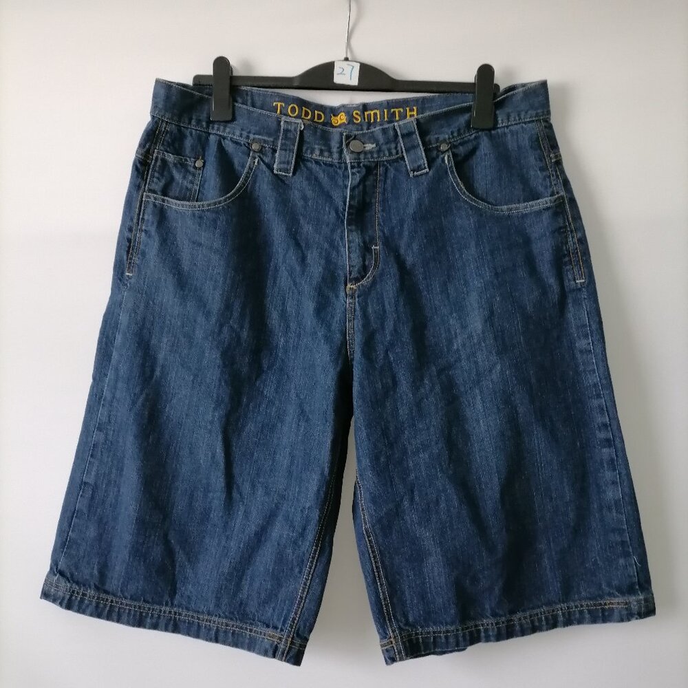 Todd Smith Attention Mens Blue Denim High Rise Flat Front Bermuda Shorts Size 38